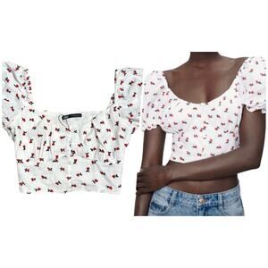 Zara | Women | White Cherry Embroidered Puff Sleeve Smocked Cropped Top | Sz XS